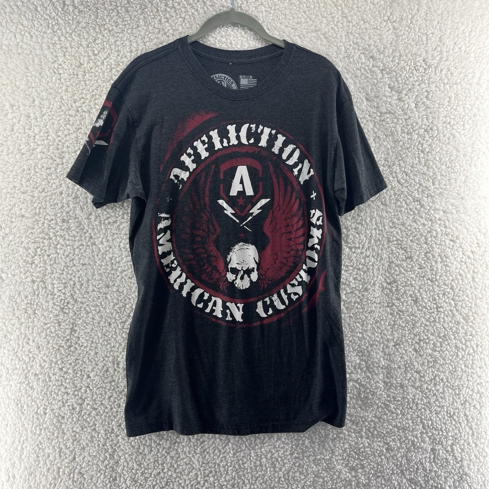 Affliction Men's Medium American Customs Skull Wings Graphic Tee Charcoal Gray